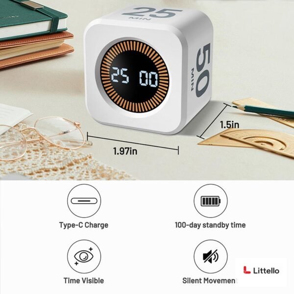 Rotating Pomodoro Cube Timer – Rechargeable Digital Focus Timer