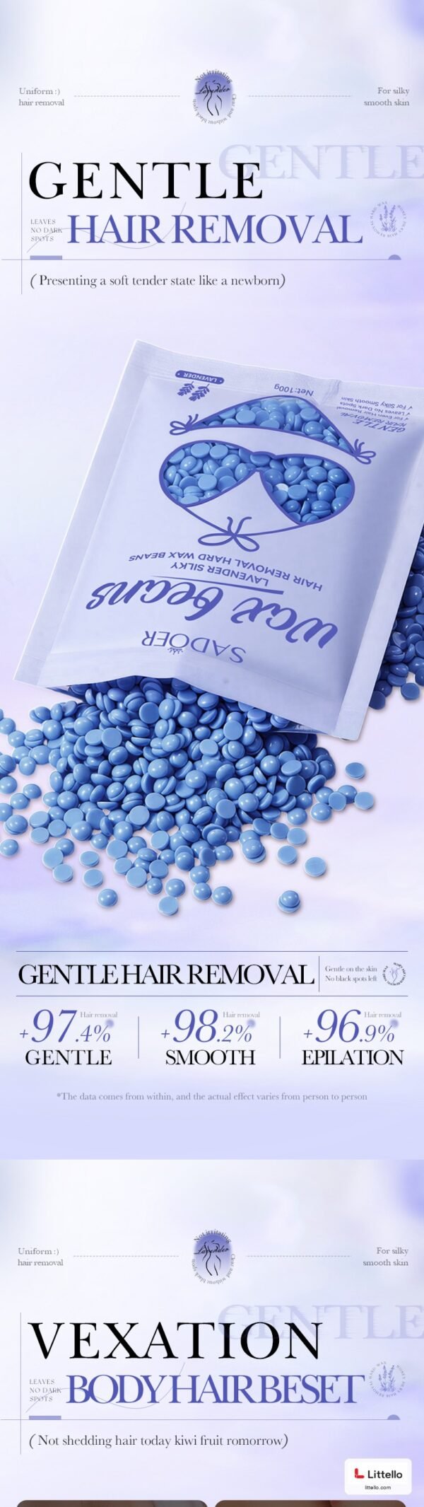 SADOER Lavender Hard Wax Beans (100g) – Strip-Free Hair Removal for Smooth Skin